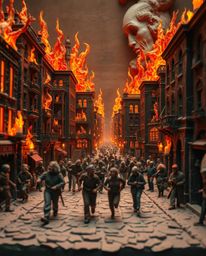 A city engulfed in flames, with citizens desperately fleeing, is juxtaposed with the comforting glow of warm candlelight, all