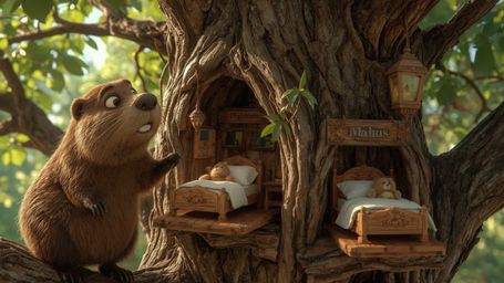 A highly detailed, high-resolution stock photo captures a busy beaver with bright, expressive eyes building an intricate, whi