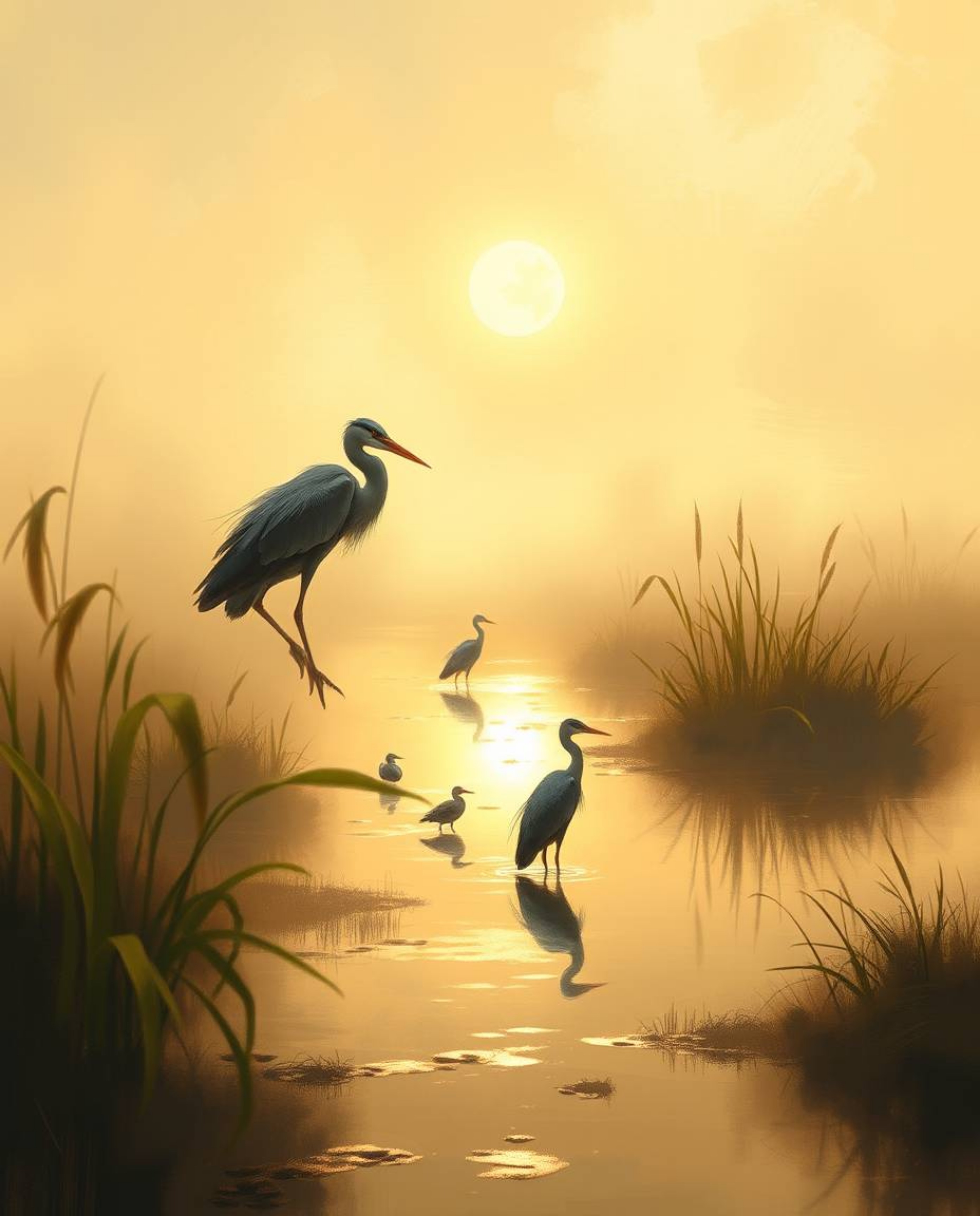 A digital painting of a Golden hour wetlands scene with herons, rendered in an unfinished concept art style. The artwork feat