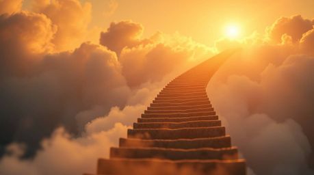An extreme macro photograph captures a surreal stairway ascending through smoky clouds towards a radiant celestial light. Bat