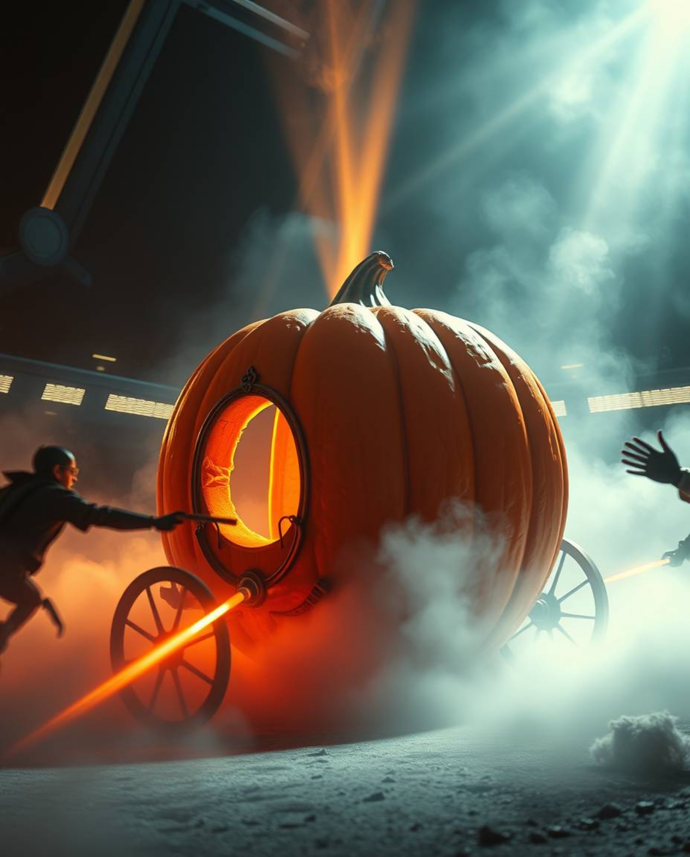 Witness an epic transformation of a magical pumpkin into a futuristic carriage, bathed in volumetric lighting and a dramatic 