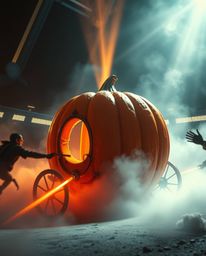 Witness an epic transformation of a magical pumpkin into a futuristic carriage, bathed in volumetric lighting and a dramatic 