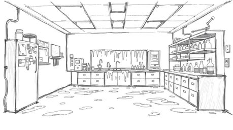 A captivating hand-drawn sketch depicts a science lab overtaken by vibrant green slime.  The rough pencil strokes and texture