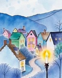 Escape to a tranquil scene with this watercolor painting of a sleepy town.  Pastel-colored houses bathed in the warm glow of 