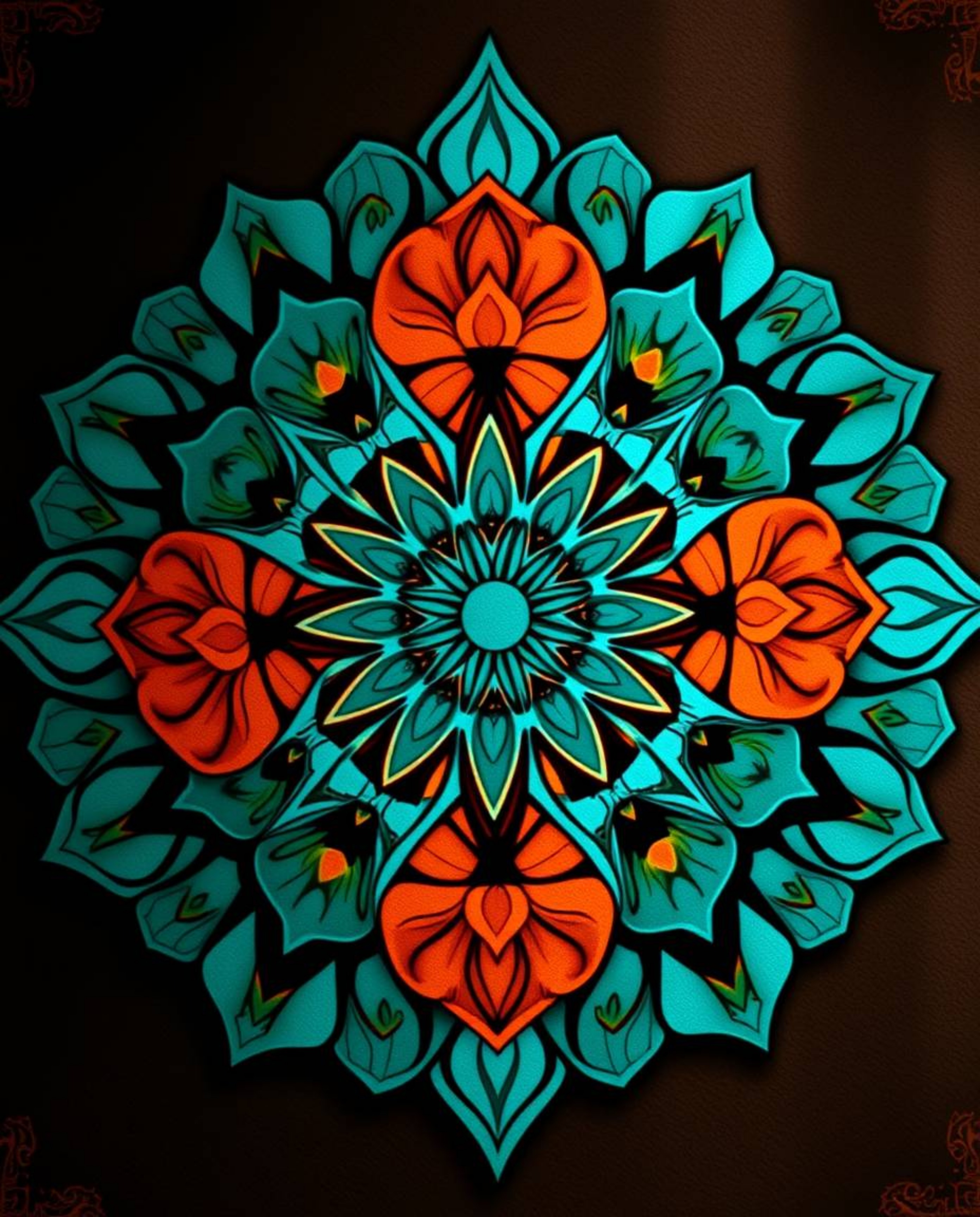 Discover stunning geometric floral mandalas in vibrant terracotta and teal color palettes.  These symmetric designs feature i