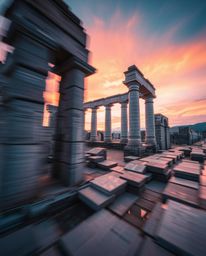Experience ancient stone ruins at sunset through a mesmerizing long-exposure photograph. This dynamic image captures blurred 