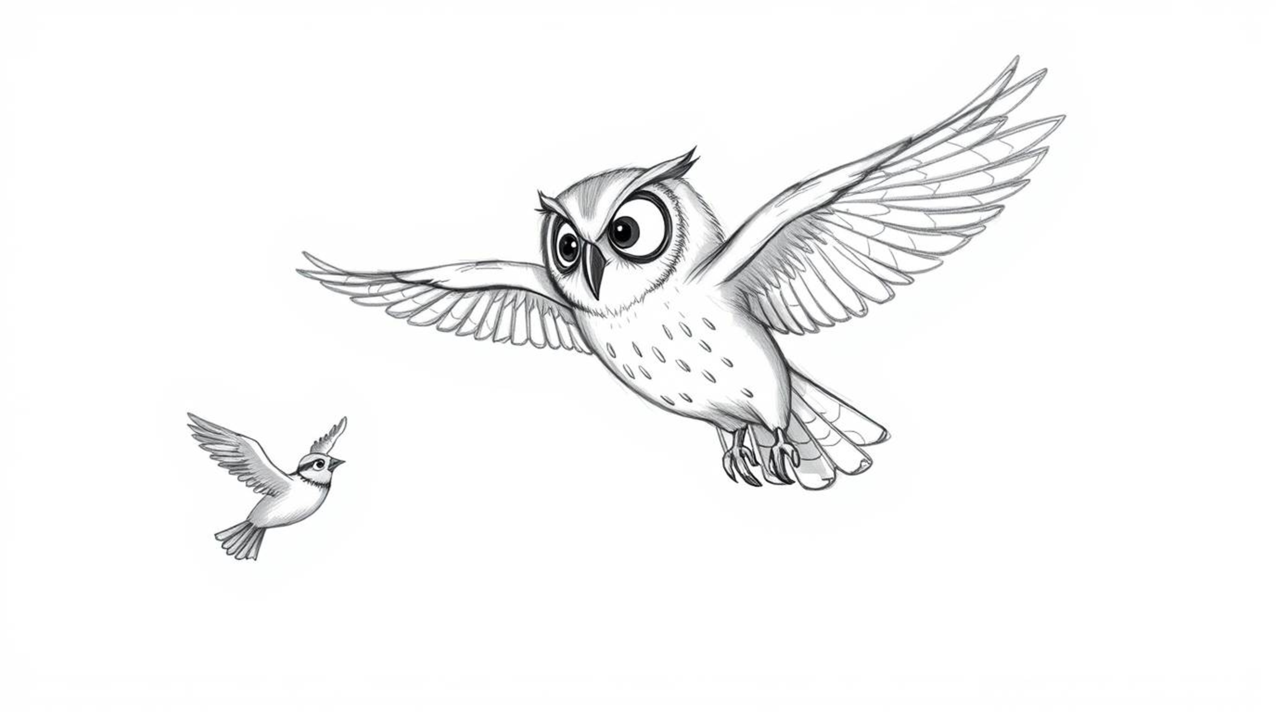 A heartwarming hand-drawn sketch in the style of Pixar depicts a blind owl using soft, textured pencil strokes to teach birds