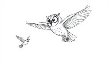 A heartwarming hand-drawn sketch in the style of Pixar depicts a blind owl using soft, textured pencil strokes to teach birds