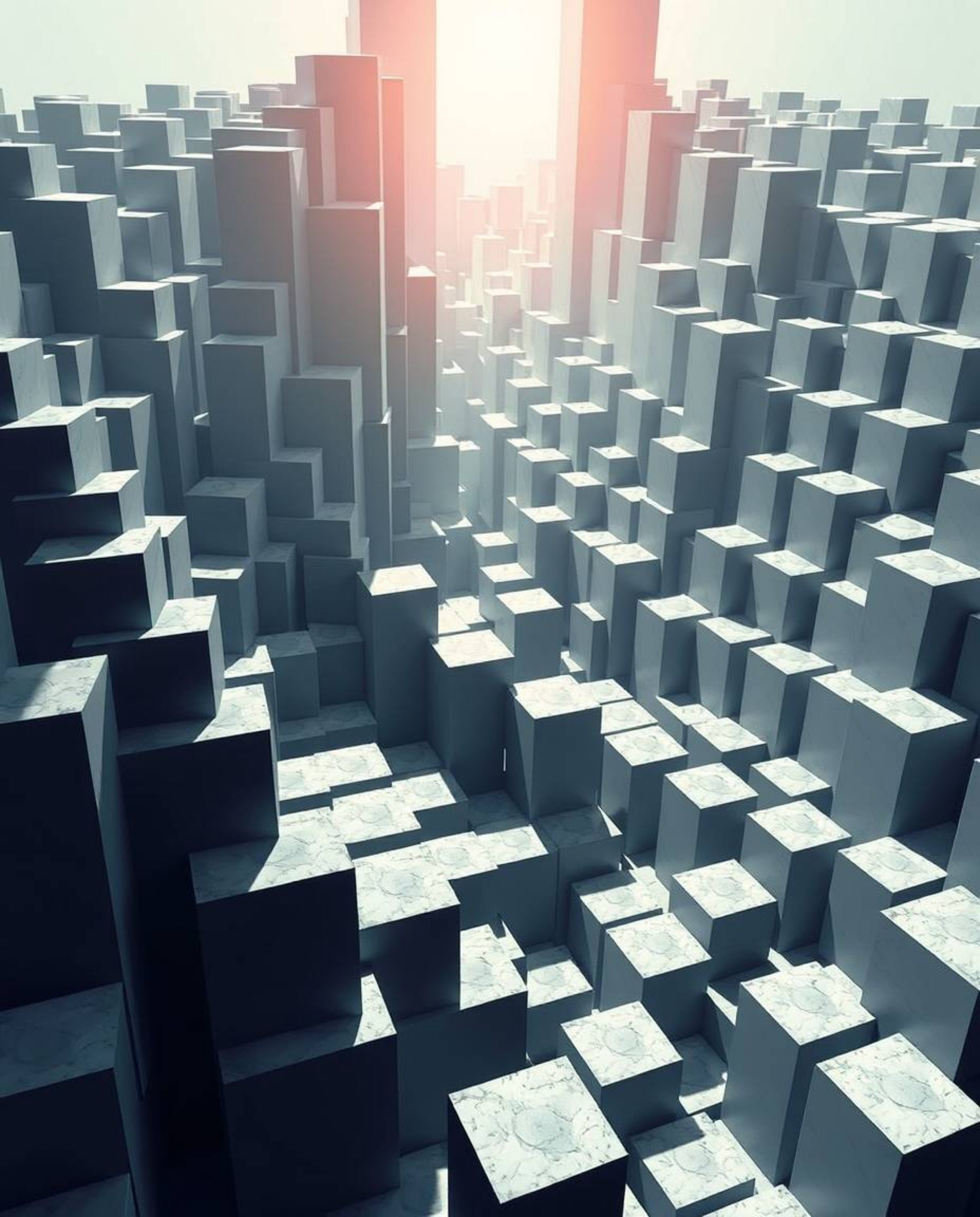 A stunning, modern flat design image showcases a heroic scene of repetitive cube patterns in Escher-style impossible geometry