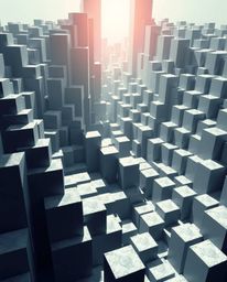 A stunning, modern flat design image showcases a heroic scene of repetitive cube patterns in Escher-style impossible geometry