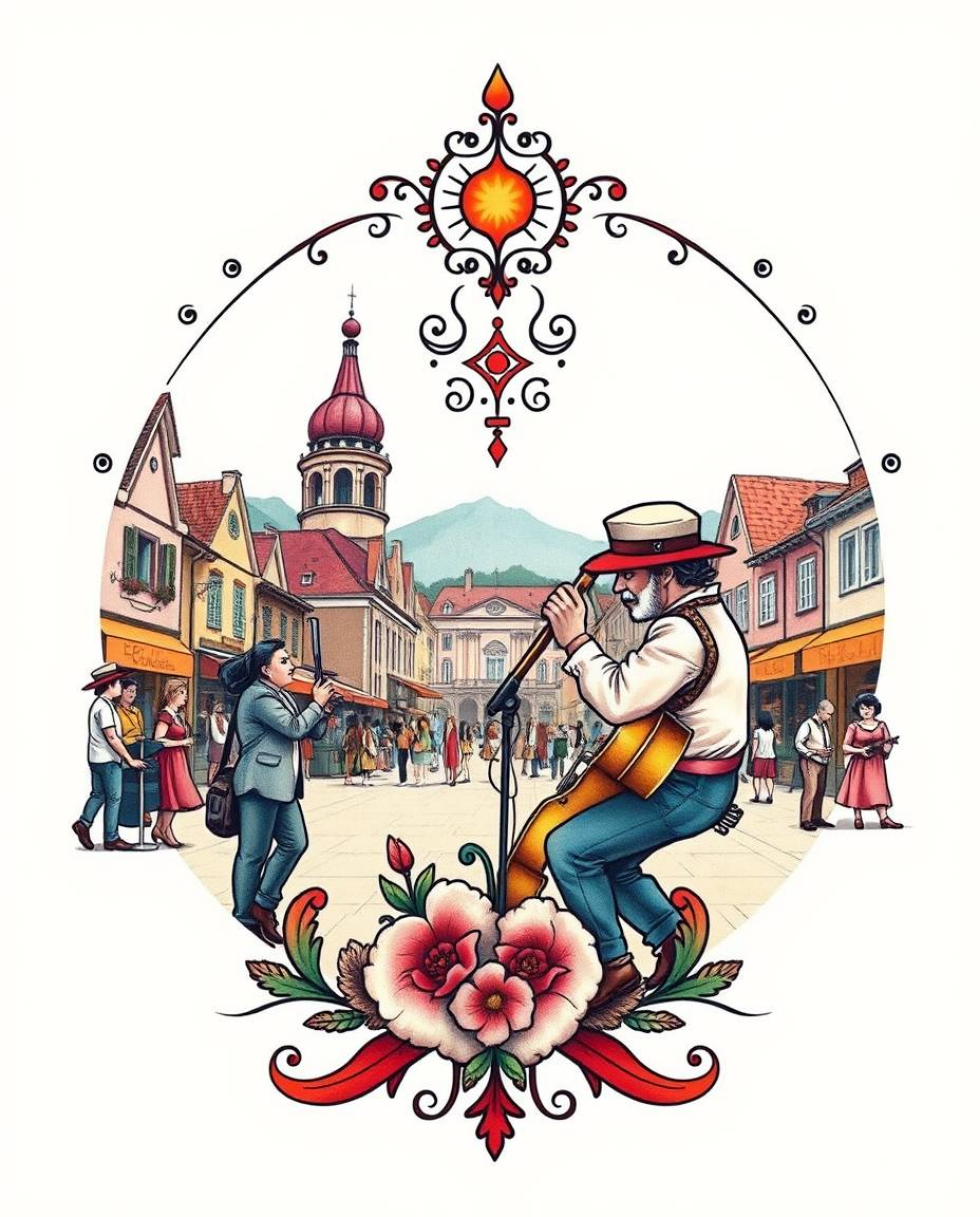 A stunning symbolic tattoo art print depicting a vibrant musical number in a bright town square. The design features a soft