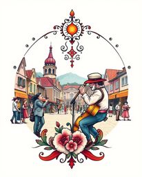A stunning symbolic tattoo art print depicting a vibrant musical number in a bright town square.  The design features a soft 