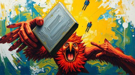 A vibrant acrylic painting, presented from an overhead bird's eye view, depicts a dramatic scene of an anvil poised to fall u