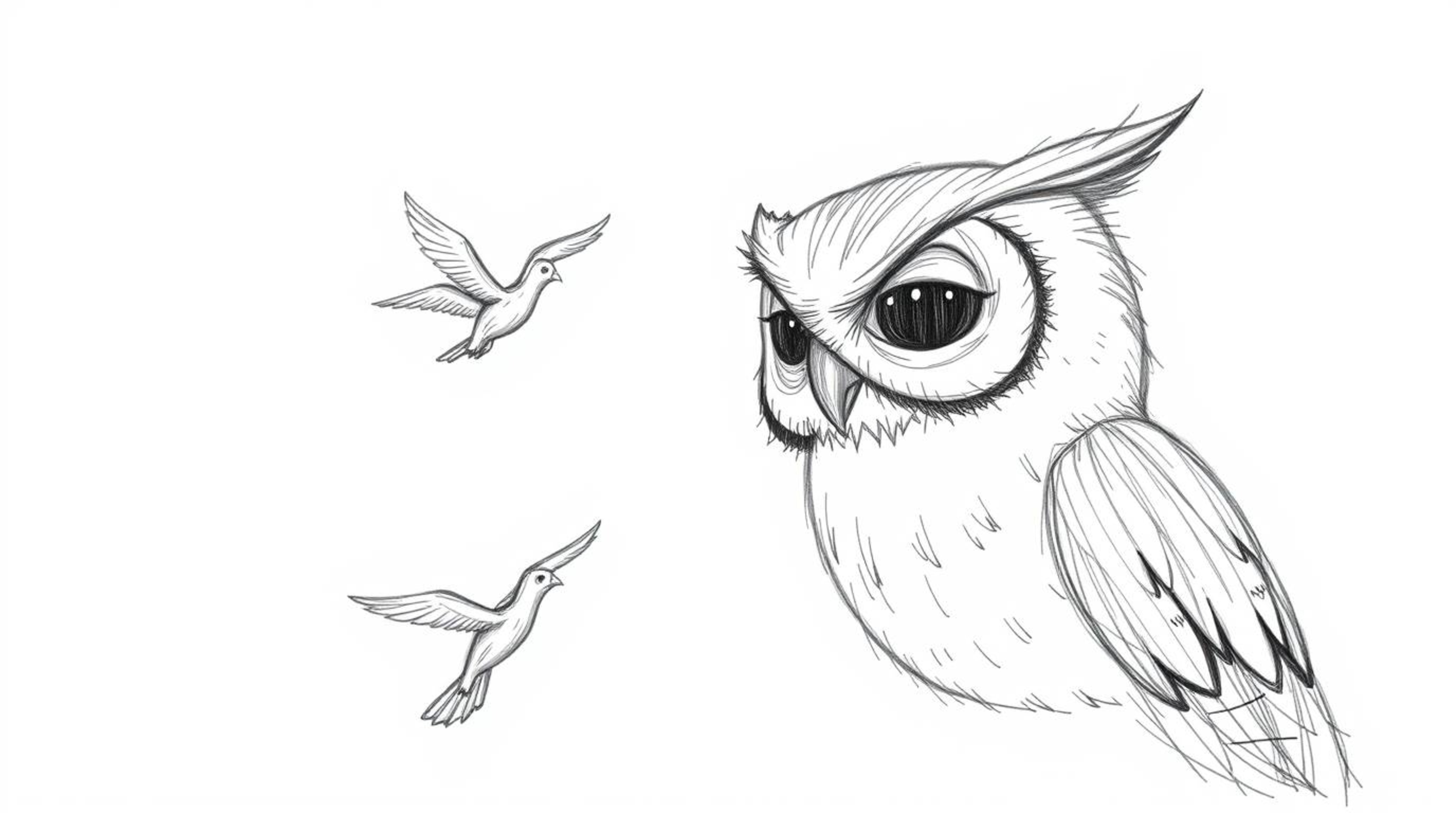 A heartwarming hand-drawn sketch in the style of Pixar portrays a blind owl, rendered with textured pencil strokes, as it imp