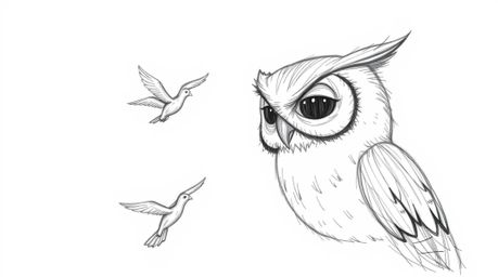 A heartwarming hand-drawn sketch in the style of Pixar portrays a blind owl, rendered with textured pencil strokes, as it imp
