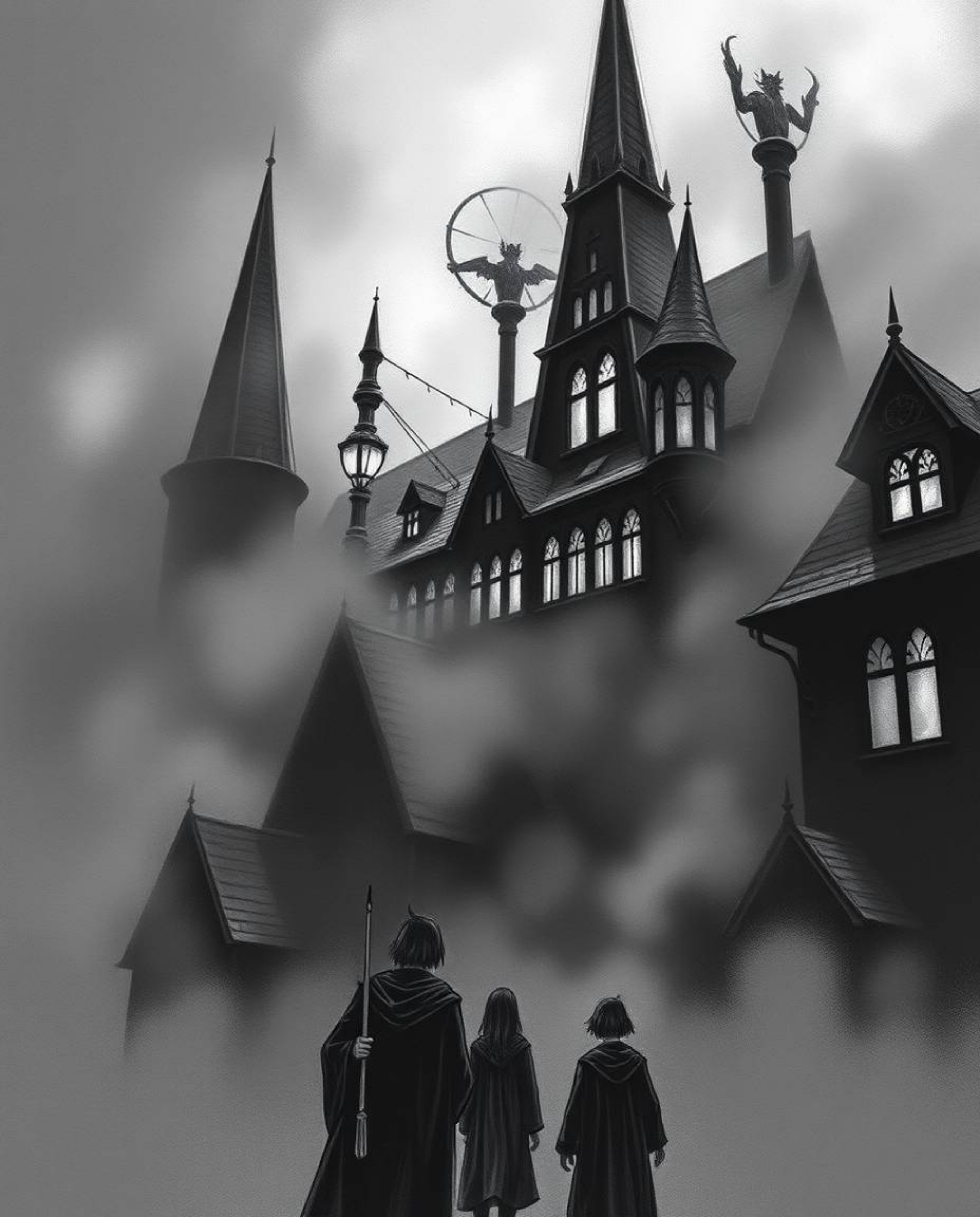 Explore a magical school teeming with young wizards, rendered in an intense jet black and deep shadow palette. The scene is s