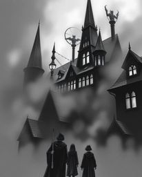 Explore a magical school teeming with young wizards, rendered in an intense jet black and deep shadow palette. The scene is s