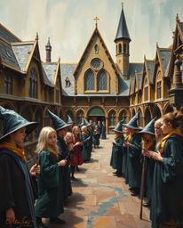 This classic oil painting depicts a magical school brimming with young wizards, rendered with rich textures and visible brush