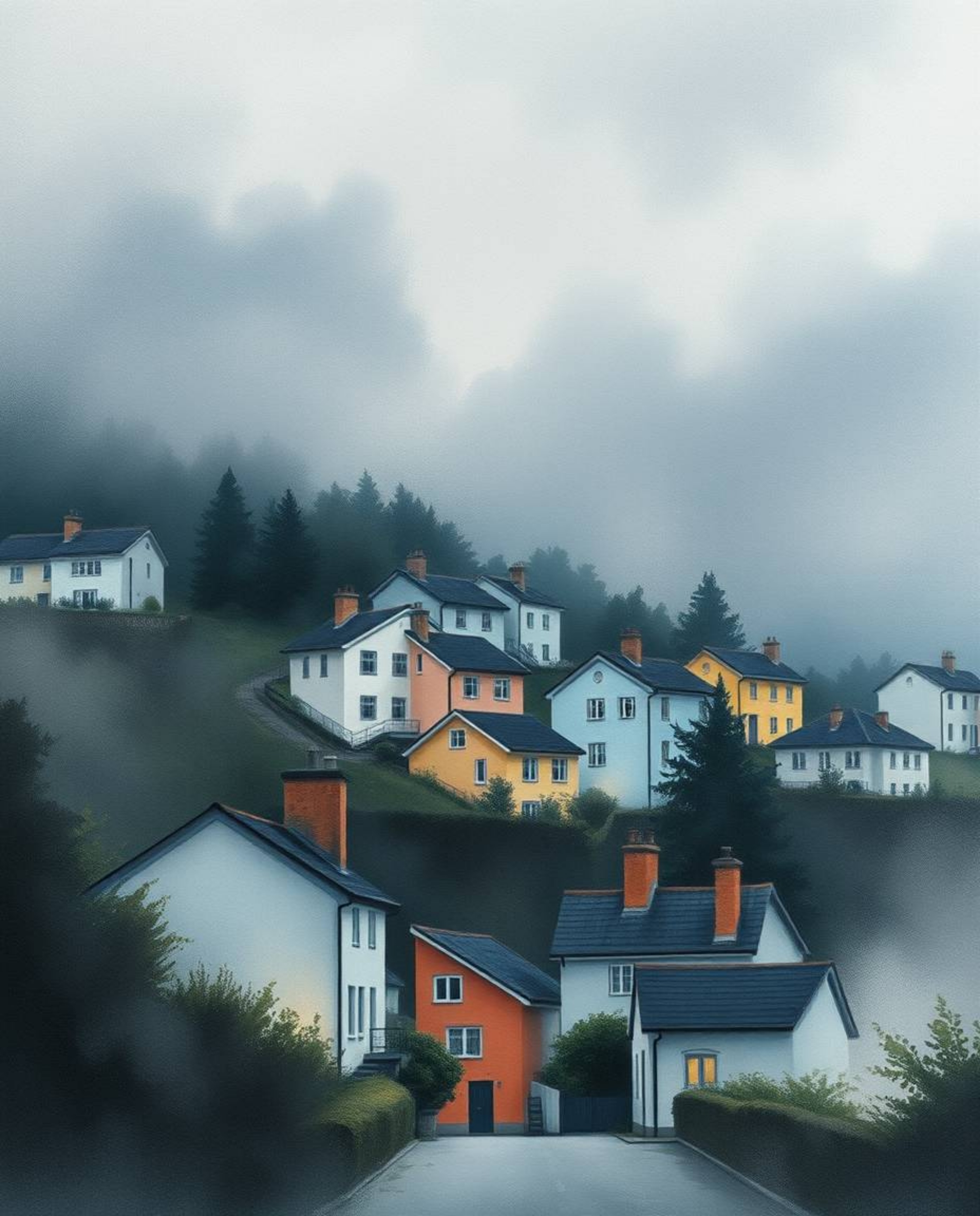 This watercolor painting captures the essence of a sleepy town with its charming pastel-colored houses.  The artwork features