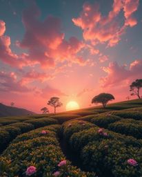 Dreamlike surreal imagery portrays graceful and elegant tea plantations at sunset. The composition is enhanced with refined, 