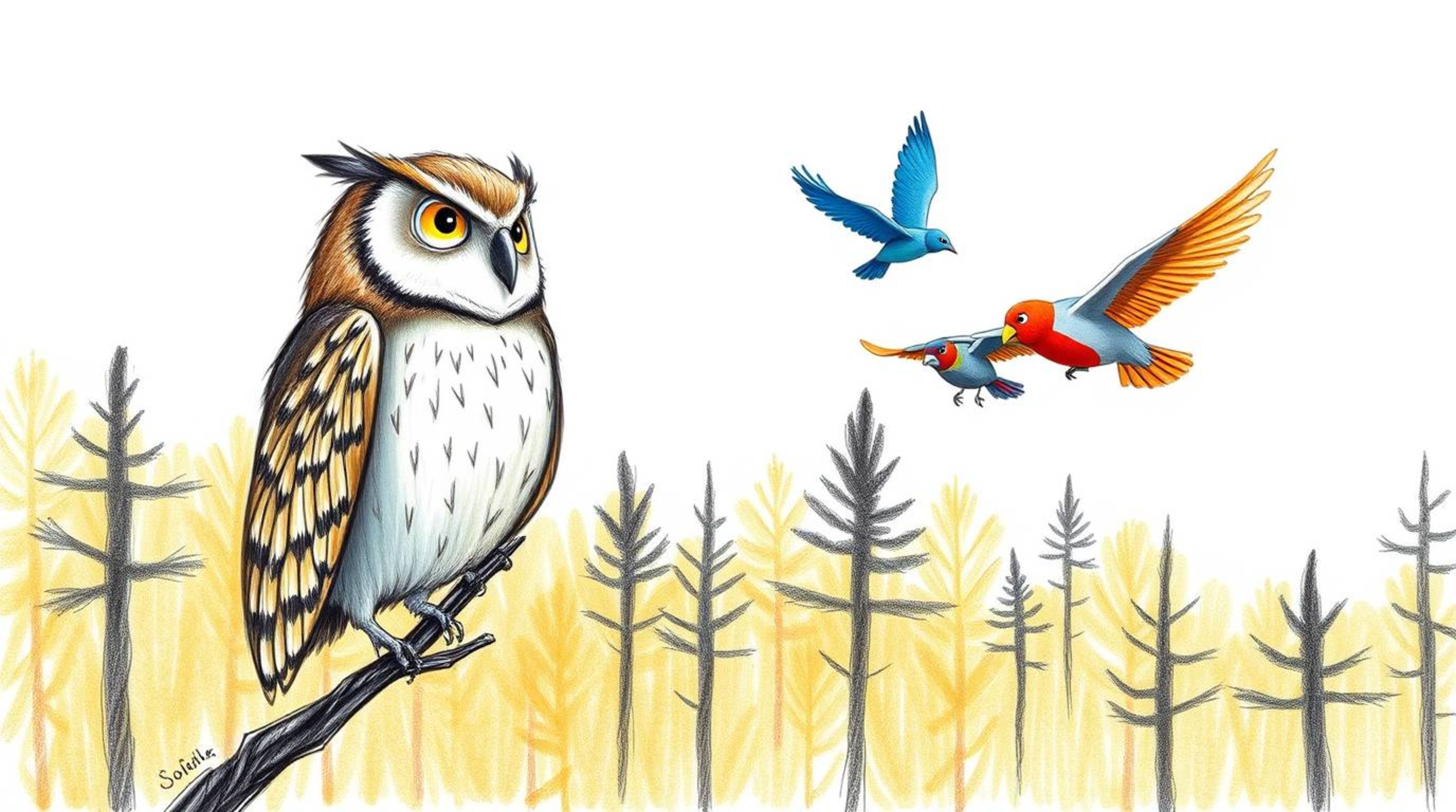 A captivating hand-drawn illustration in the style of Pixar depicts a wise, blind owl with fluffy feathers, guiding a flock o