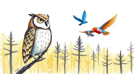A captivating hand-drawn illustration in the style of Pixar depicts a wise, blind owl with fluffy feathers, guiding a flock o