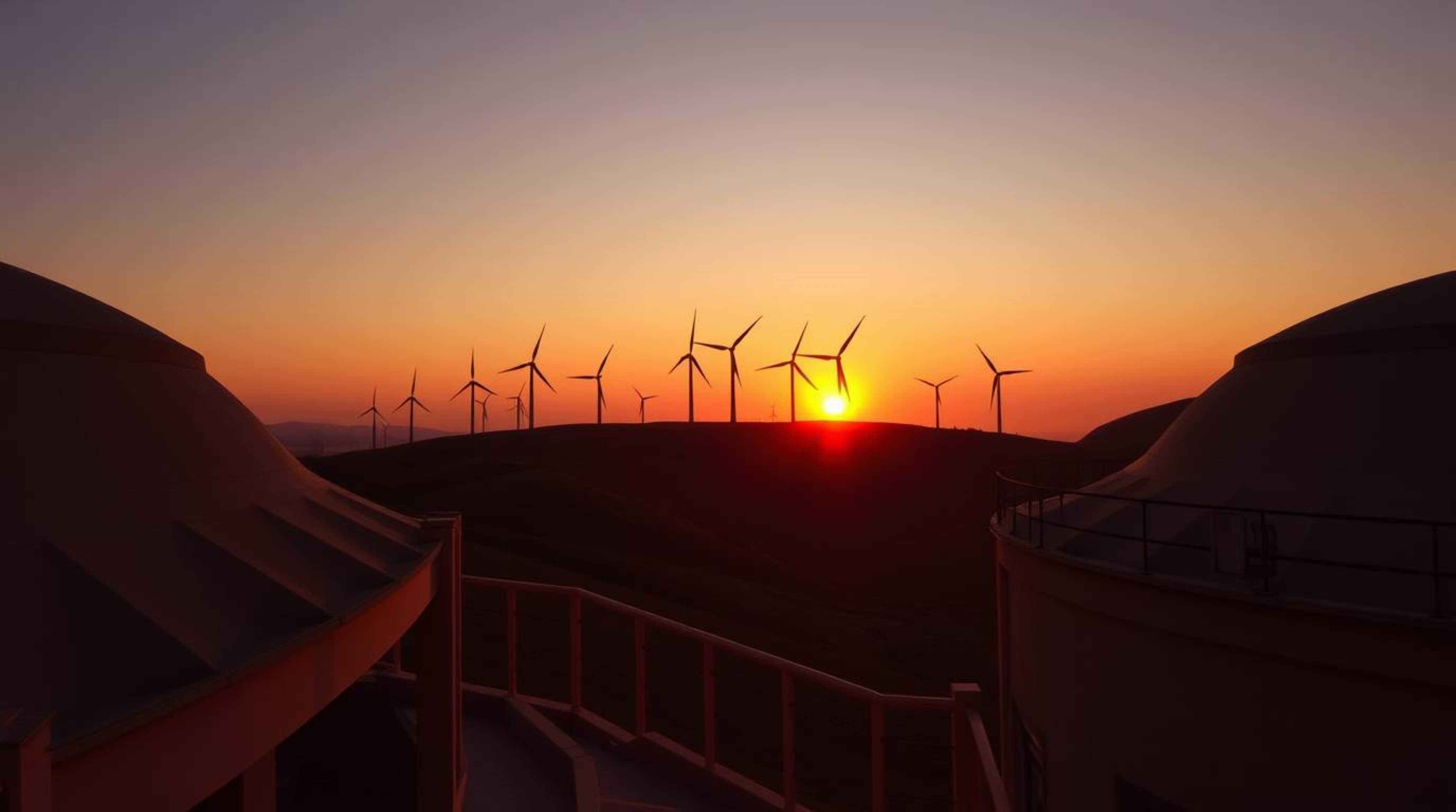Stunning architectural photography capturing the precise details of wind turbines silhouetted against a vibrant sunset.  Imag