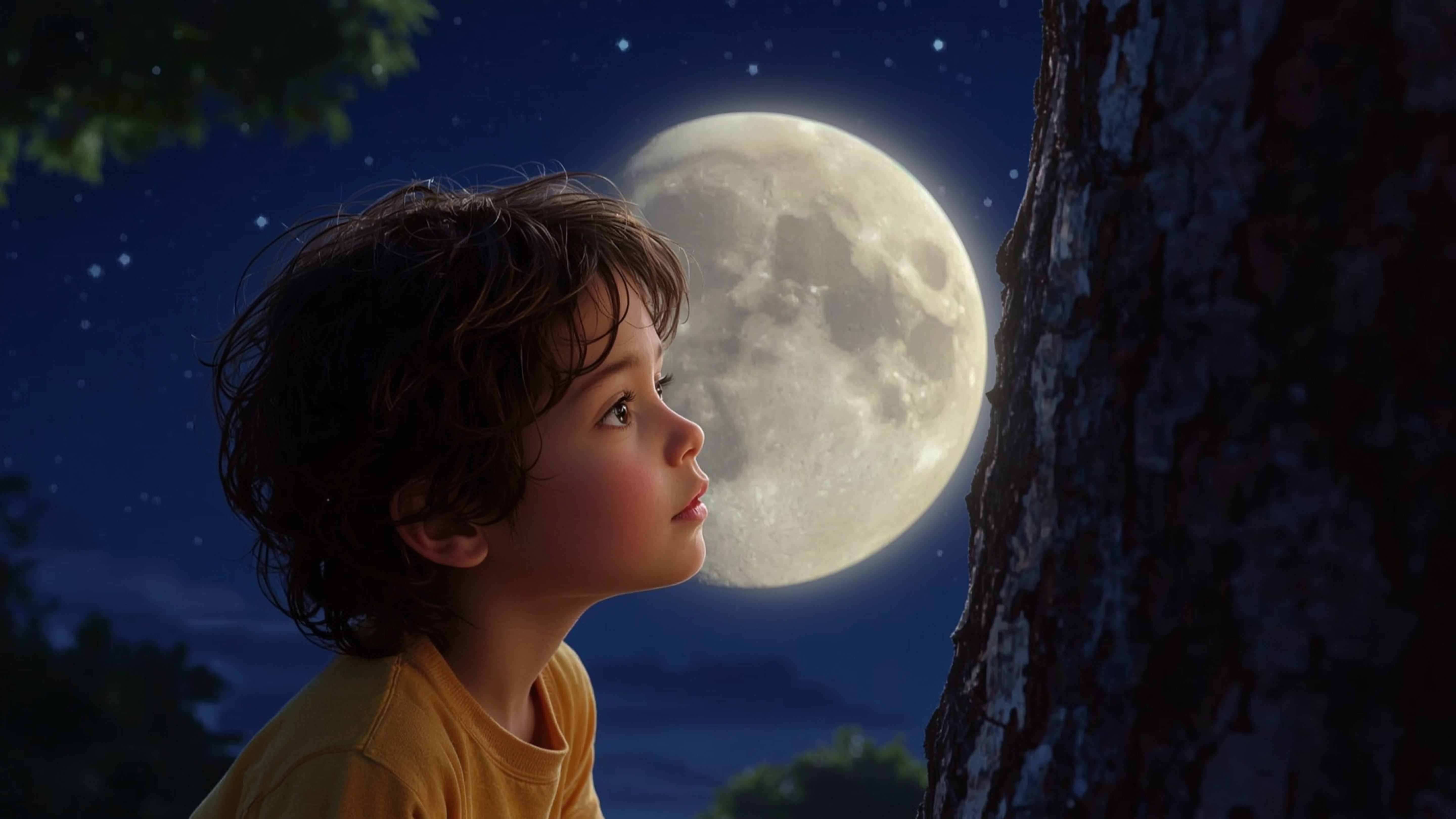 This vibrant, whimsical photograph captures a tender, intimate moment between a curious child and the majestic moon, in a sty