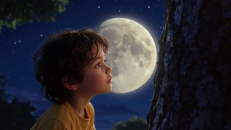 This vibrant, whimsical photograph captures a tender, intimate moment between a curious child and the majestic moon, in a sty