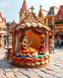 Experience a captivating layered papier-mâché musical number set in a bright town square. This scene boasts sculpted and text
