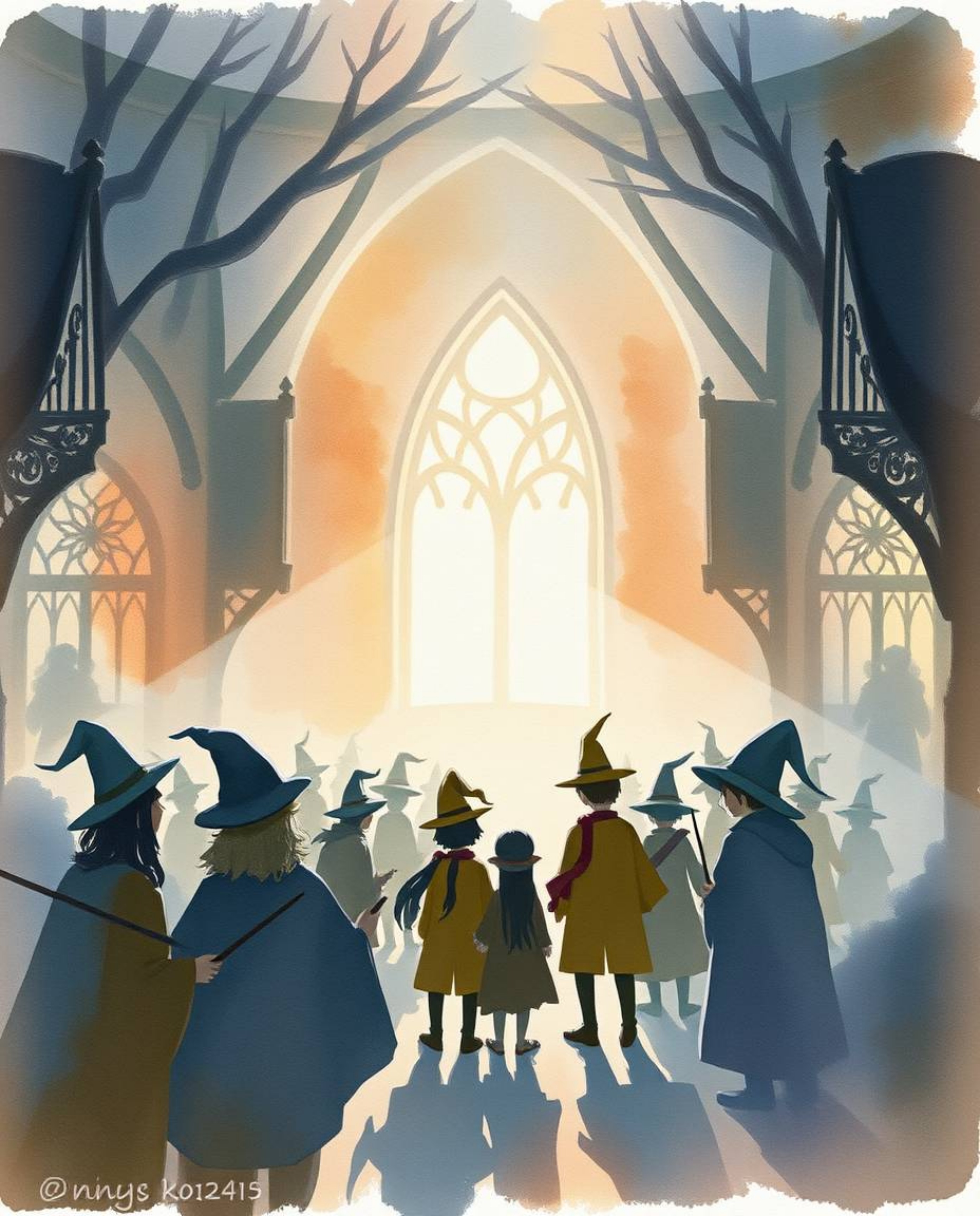 Discover a whimsical magical school brimming with young wizards, depicted in a delicate watercolor style.  The artwork featur