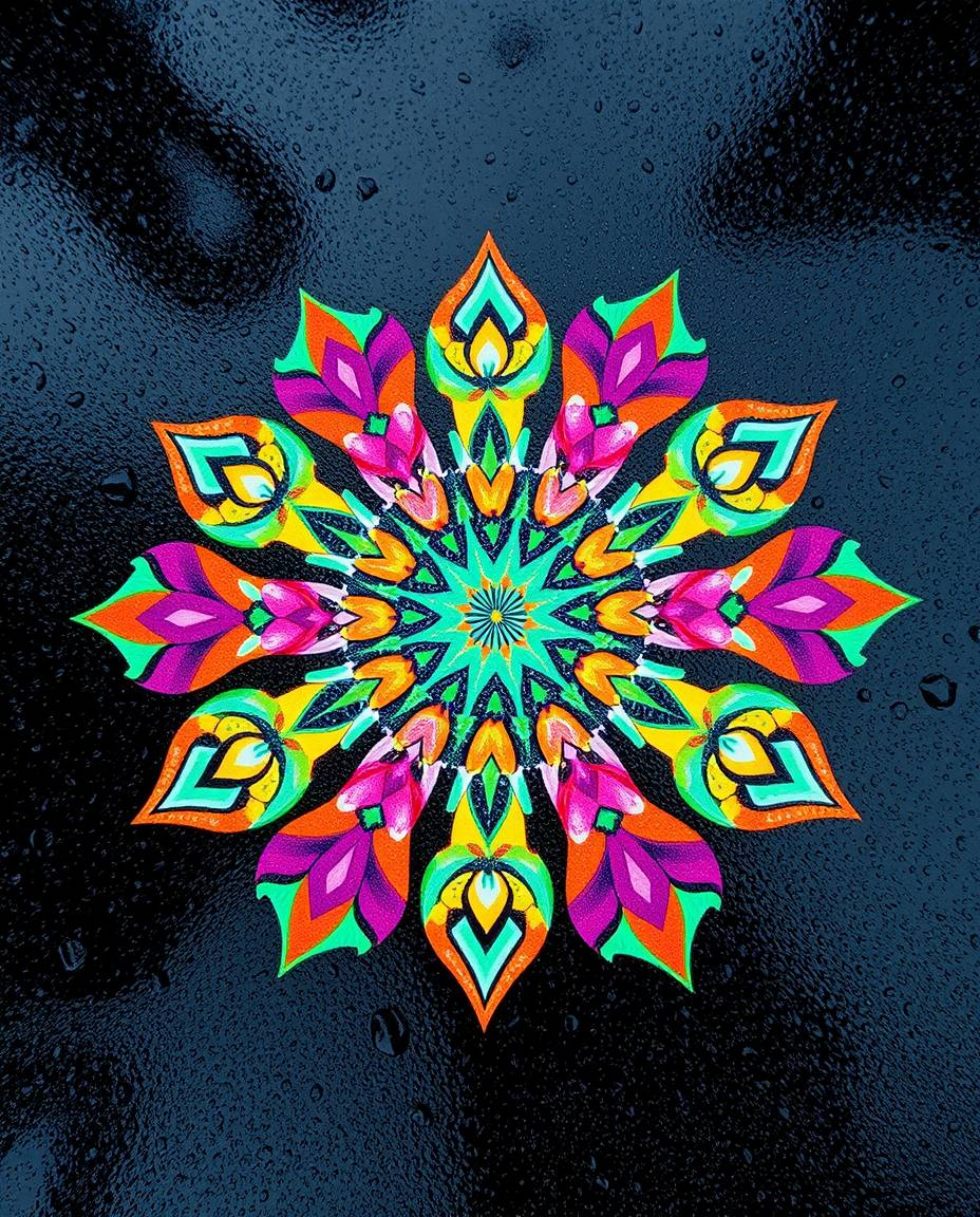 A captivating high-angle shot reveals a geometric floral mandala in vibrant colors. The symmetric design is beautifully refl