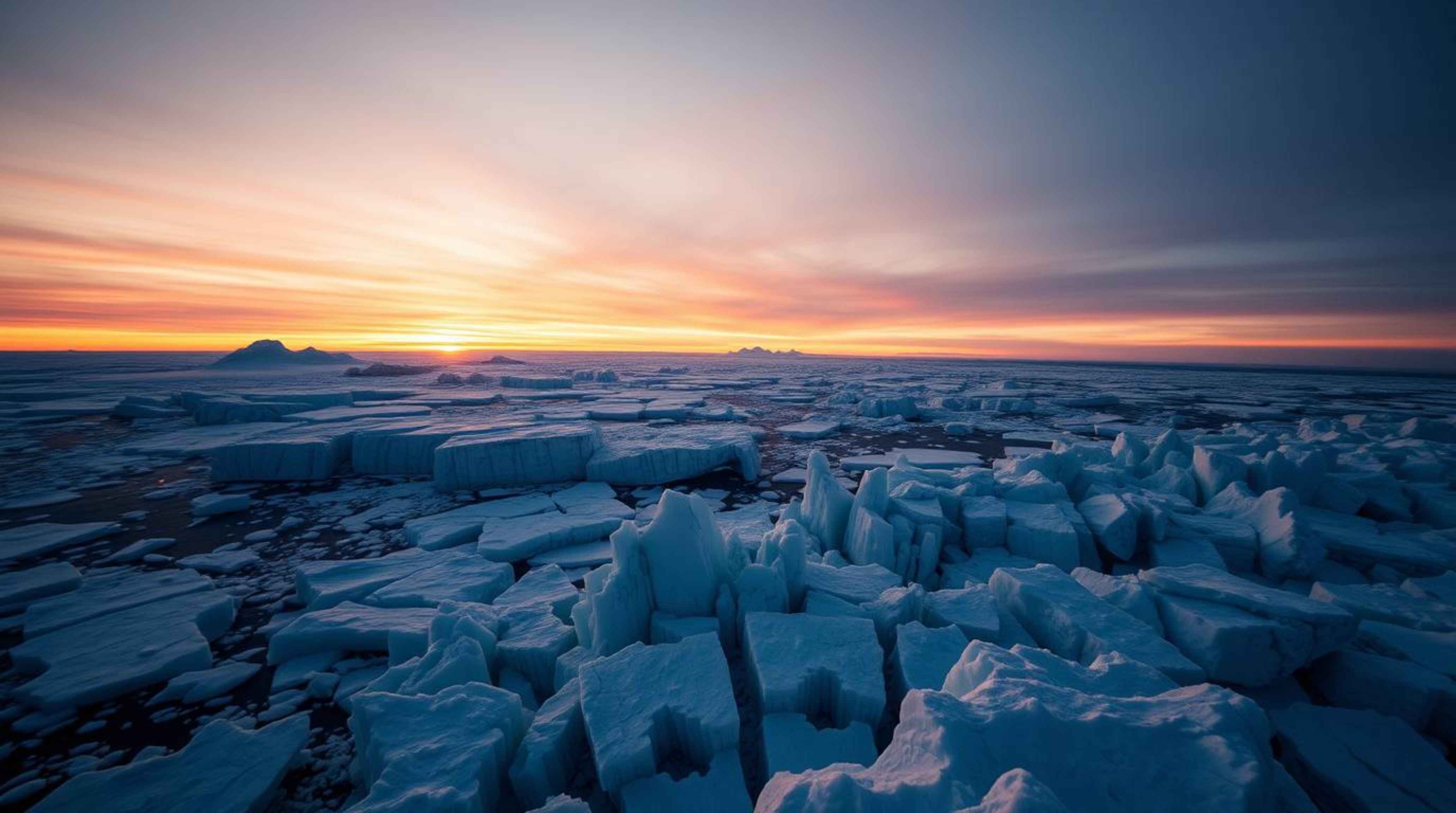 Capture the breathtaking beauty of a sunset over icy polar glaciers, rendered in a warm, slightly dark, and soft aesthetic. T