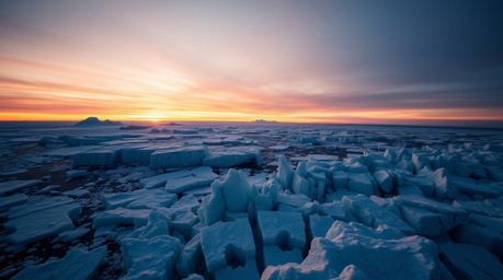 Capture the breathtaking beauty of a sunset over icy polar glaciers, rendered in a warm, slightly dark, and soft aesthetic. T