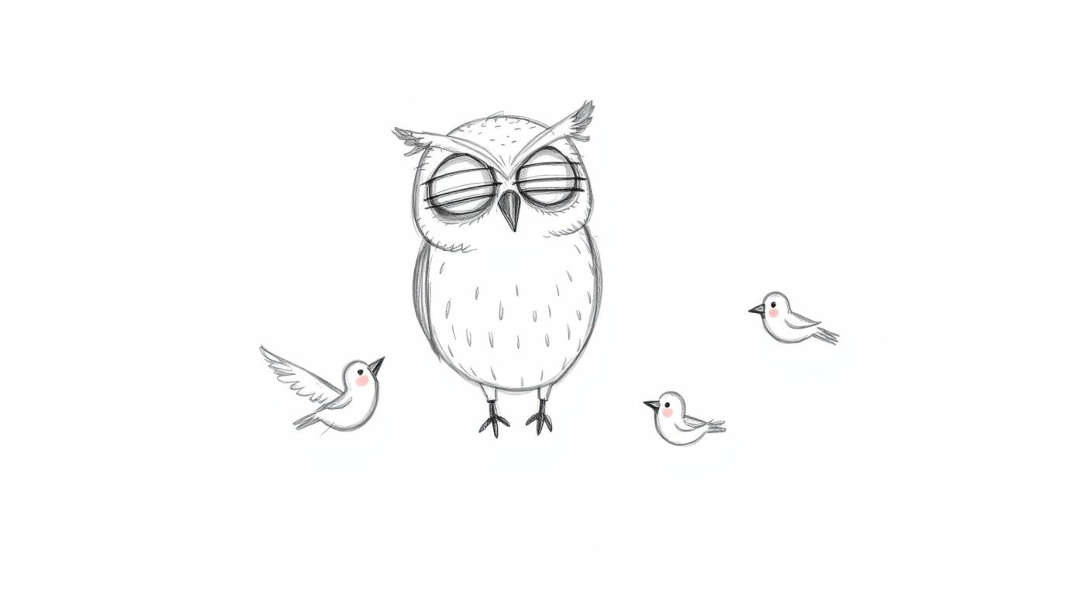 A heartwarming hand-drawn sketch in the style of Pixar depicts a blind owl with soft features patiently teaching small birds 