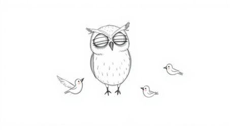 A heartwarming hand-drawn sketch in the style of Pixar depicts a blind owl with soft features patiently teaching small birds 