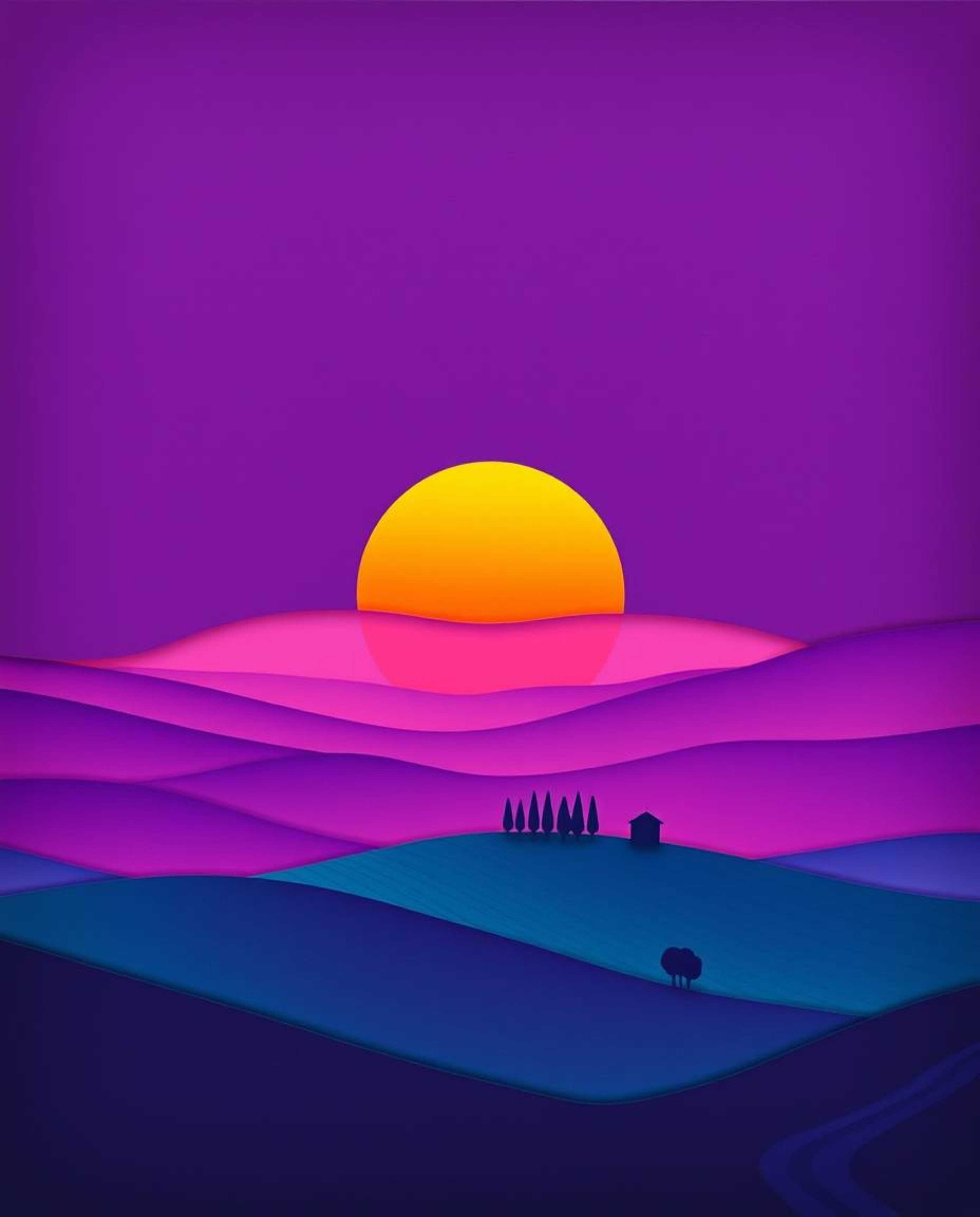 This is a high-contrast image depicting a sunset over misty rolling hills in Tuscany, uniquely crafted from layered papier-mâ