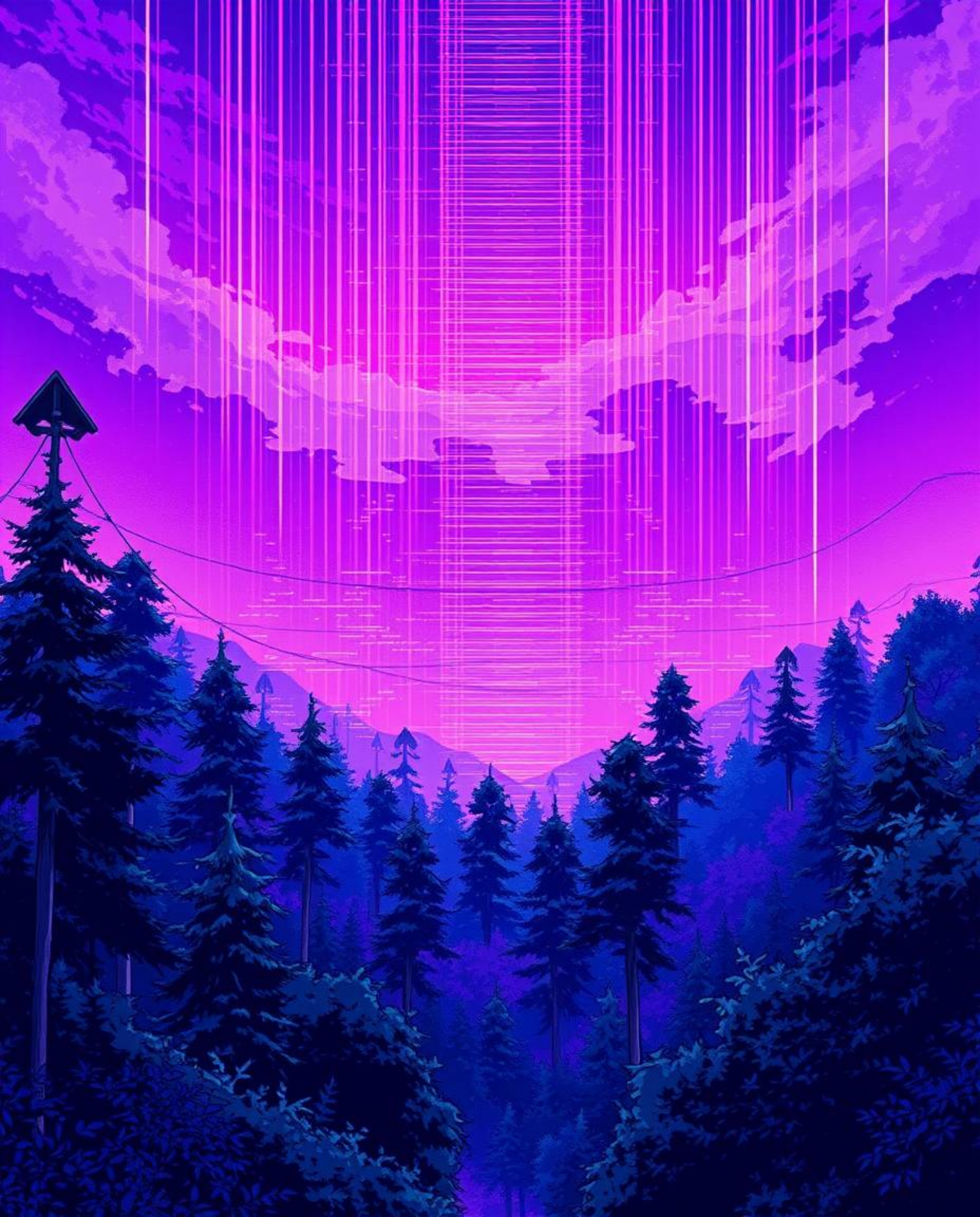 A captivating anime-style illustration blends a vibrant natural forest scene with a striking digital glitch effect.  Deep ult