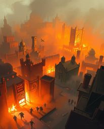 A dramatic digital sketch depicts a city engulfed in flames, with people frantically fleeing the chaos. The warm golden hour 