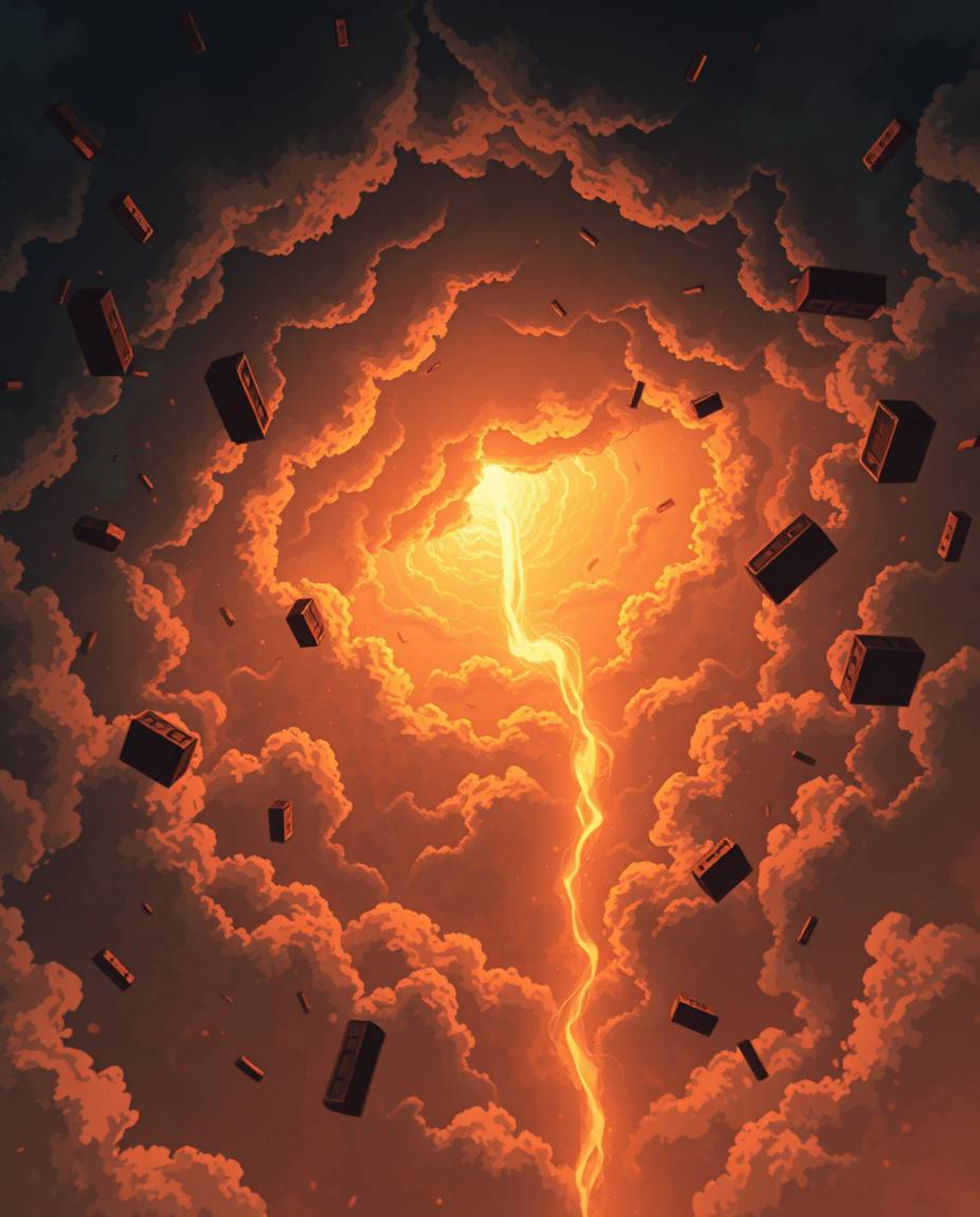 Experience a breathtaking, high-angle perspective of a surreal storm where objects defy gravity, illuminated by intense drama