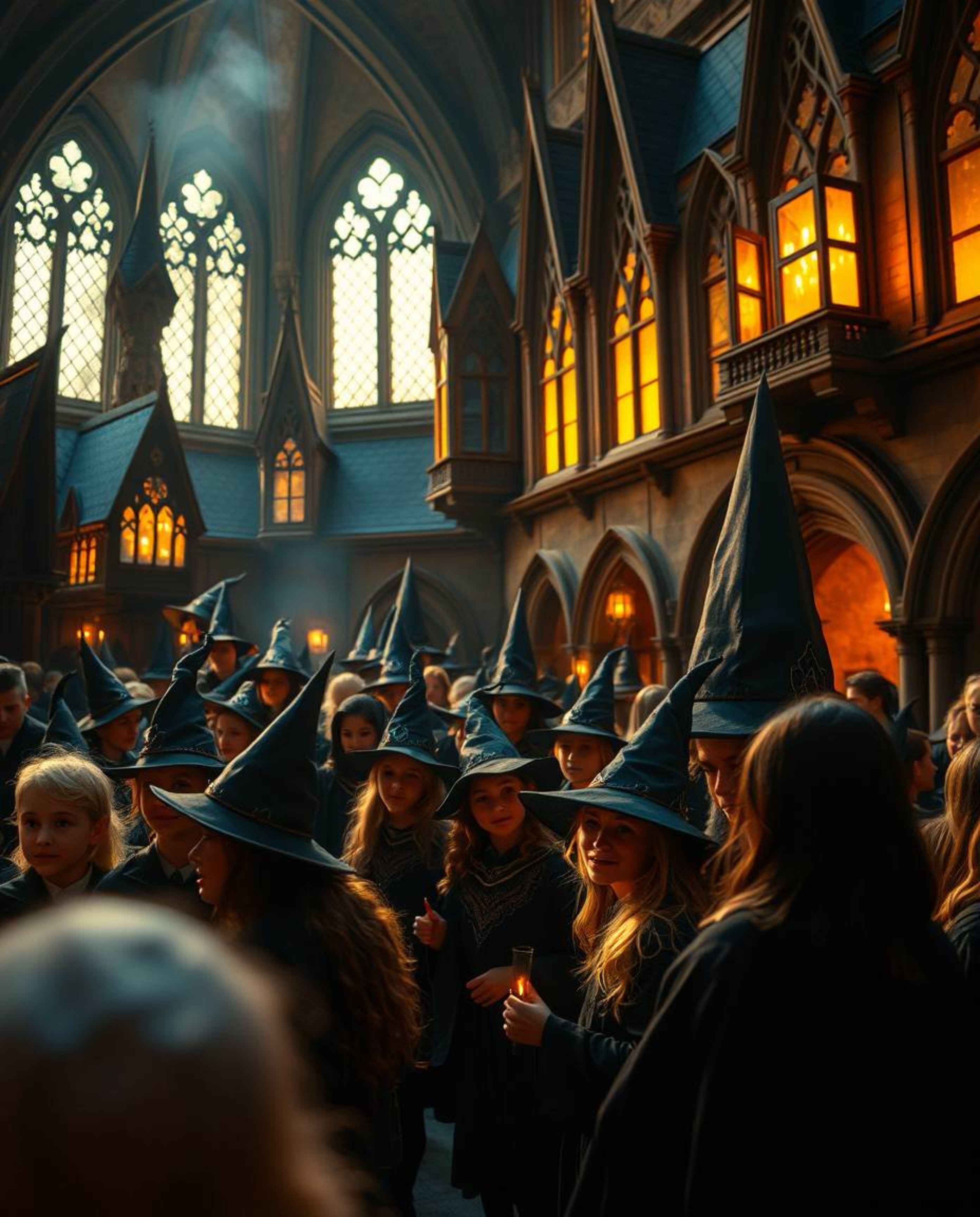 A captivating close-up image showcases a magical school brimming with young wizards, bathed in the warm glow of golden hour. 