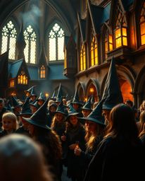 A captivating close-up image showcases a magical school brimming with young wizards, bathed in the warm glow of golden hour. 