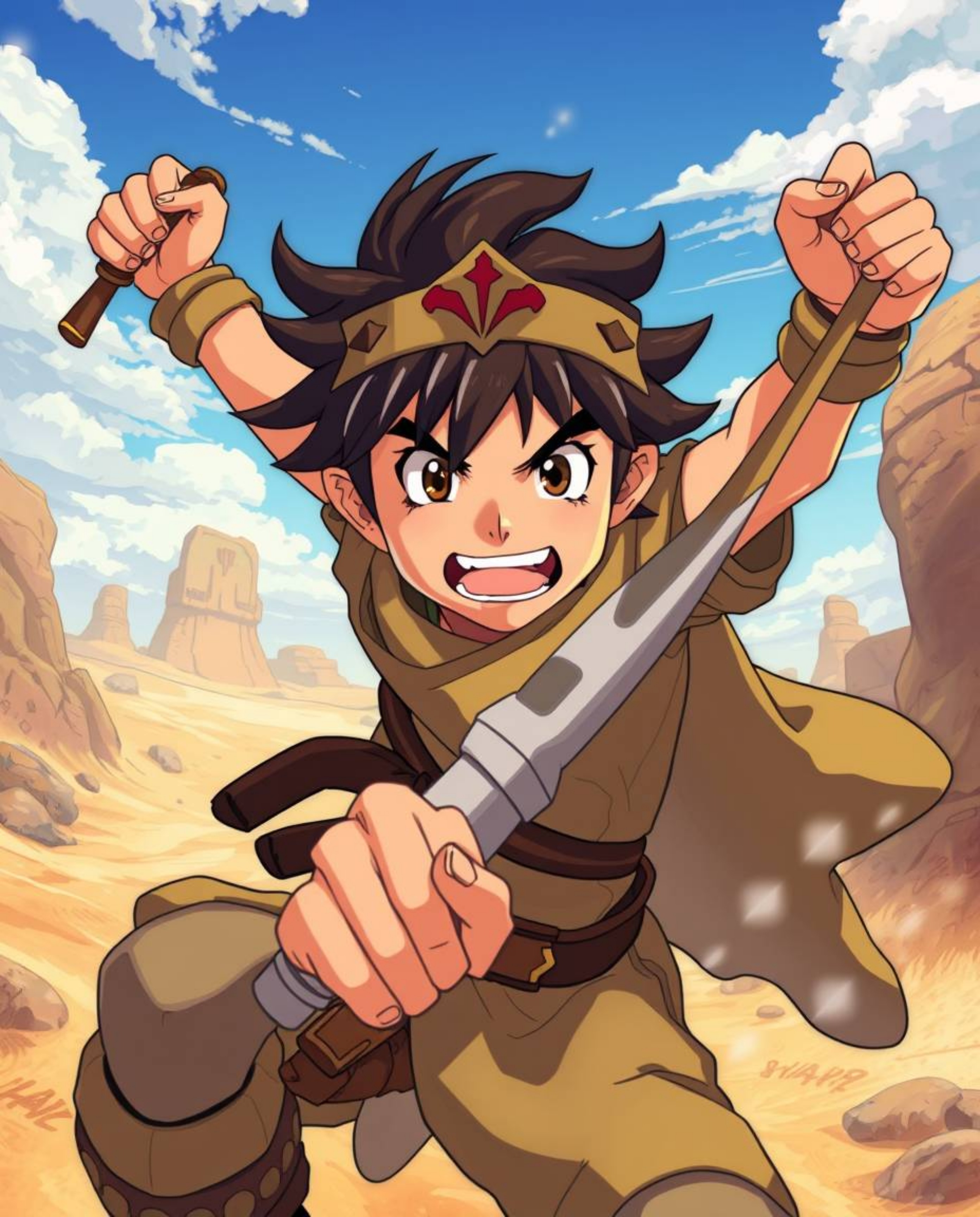 Experience a vibrant and dynamic desert adventure featuring a brave hero, rendered in the expressive style of Isekai anime wi