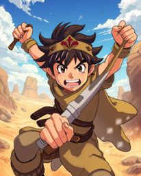 Experience a vibrant and dynamic desert adventure featuring a brave hero, rendered in the expressive style of Isekai anime wi