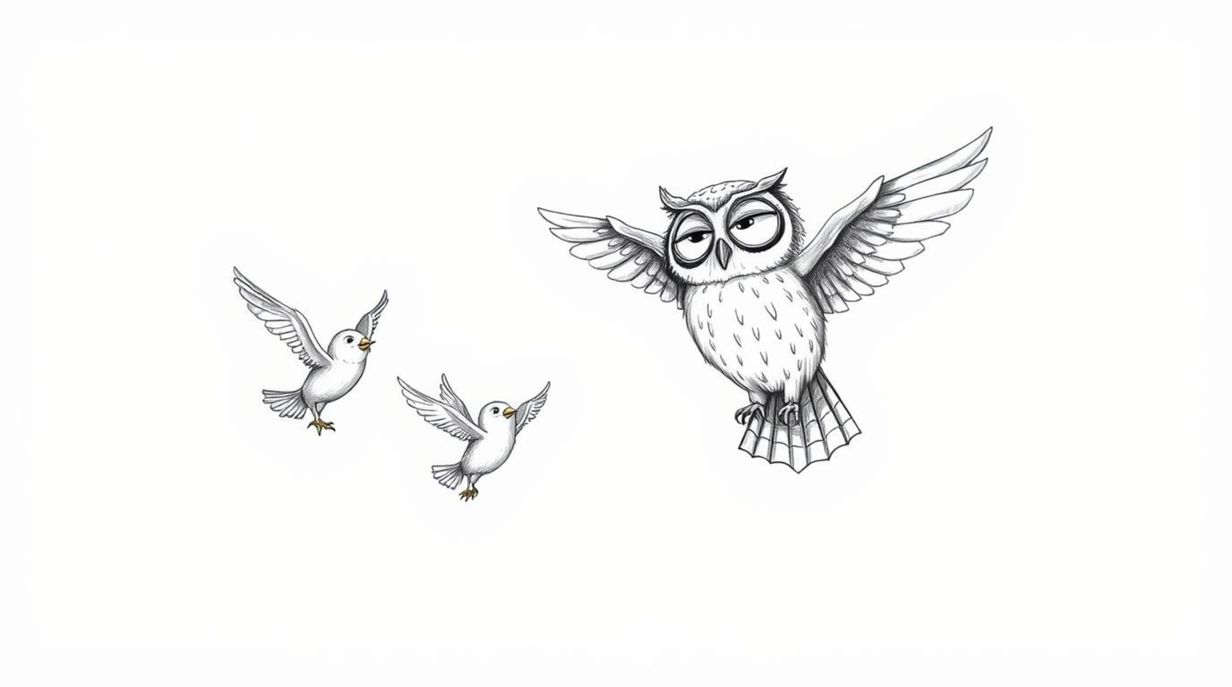Experience a heartwarming scene reminiscent of Pixar, featuring a blind owl radiating calm wisdom as it guides small birds in