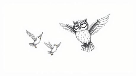 Experience a heartwarming scene reminiscent of Pixar, featuring a blind owl radiating calm wisdom as it guides small birds in