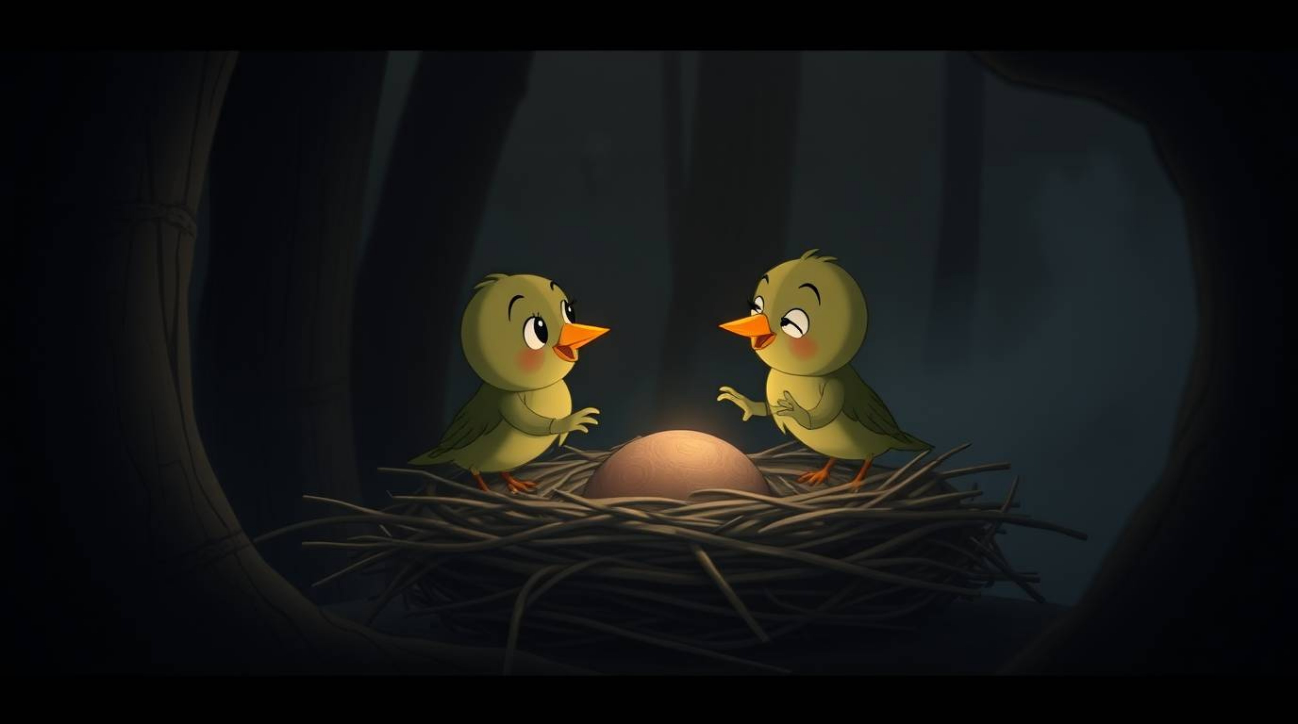 Experience the moody, mystic, and enchanting world of classic animation with two cartoon birds diligently building their nest