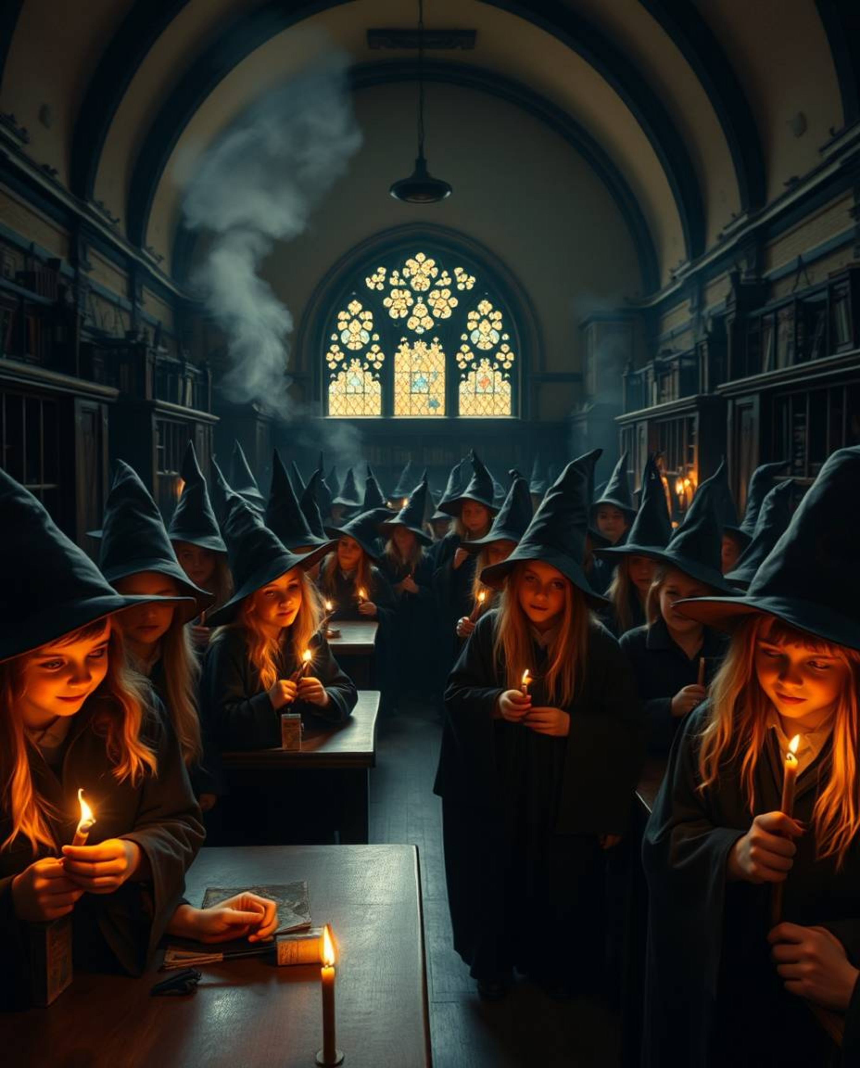 Discover an unusual fine art photograph depicting a magical school brimming with young wizards.  The image features warm, sof