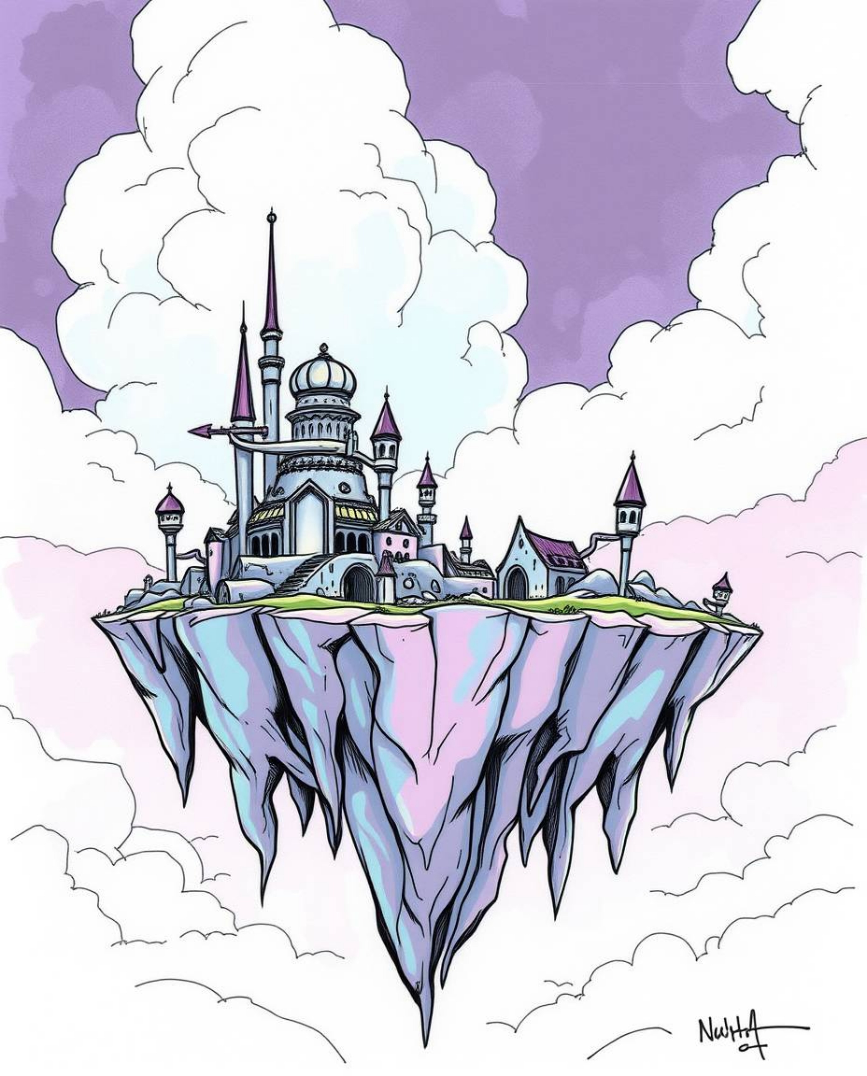 Explore a dreamlike floating island rendered in a high-contrast, low-key hand-drawn sketch. This surreal artwork features str