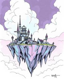Explore a dreamlike floating island rendered in a high-contrast, low-key hand-drawn sketch. This surreal artwork features str
